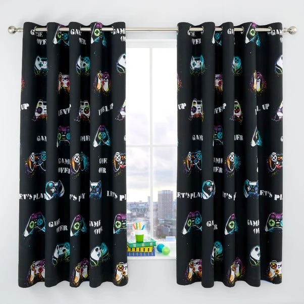 Catherine Lansfield Game Over Black Eyelet Curtains 2 Catherine Lansfield Game Over Black Eyelet Curtains - Image 2