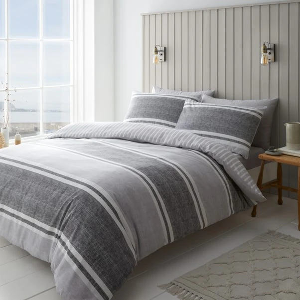 Catherine Lansfield Textured Banded Stripe Reversible Duvet Cover & Pillowcase Set 9 Catherine Lansfield Textured Banded Stripe Reversible Duvet Cover & Pillowcase Set - Image 9