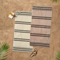 Set Of 2 Catherine Lansfield Banded Stripe Cotton Beach Towels
